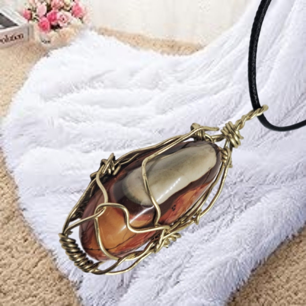 Jasper Hand Wired Pendant with Waxed Black Leather Necklace
